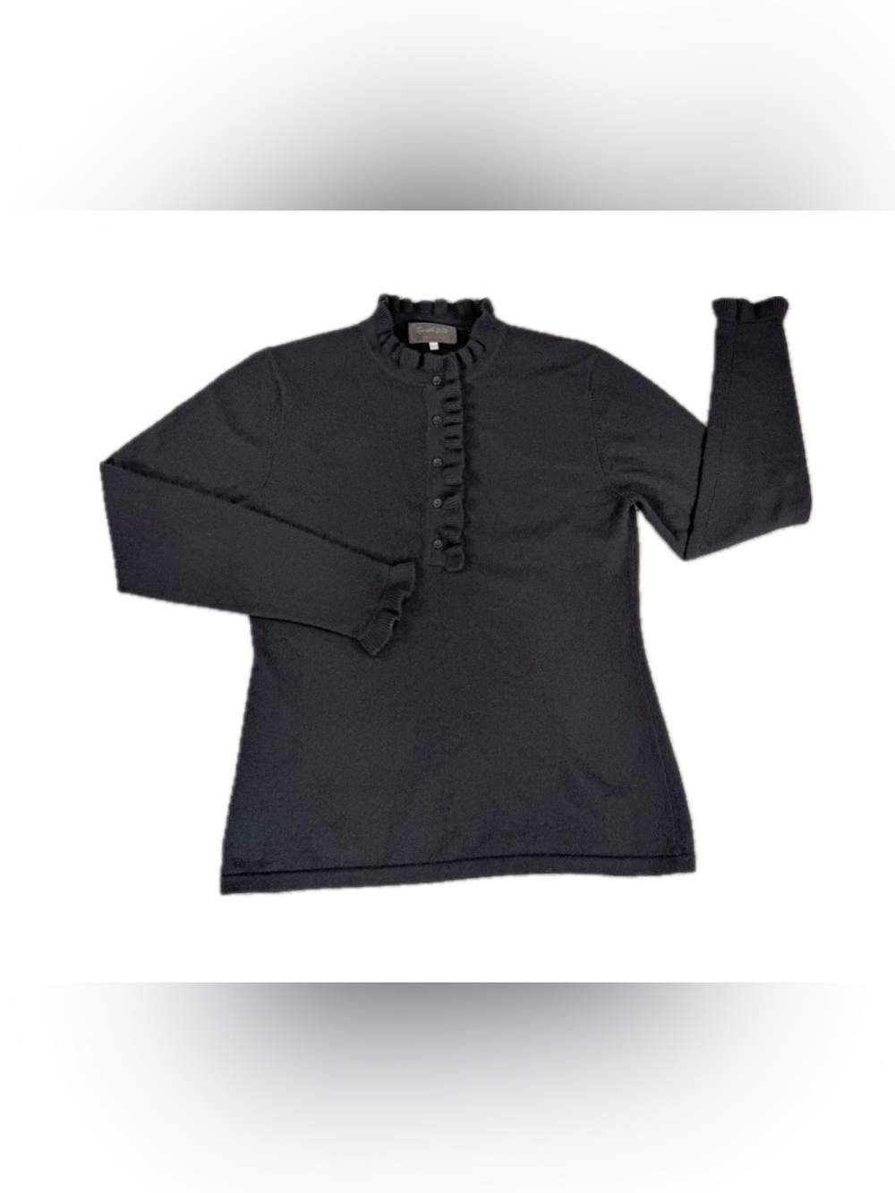 Invisible World Women’s 100% Cashmere Mock Ruffle Neck Cardigan Black Large (M)